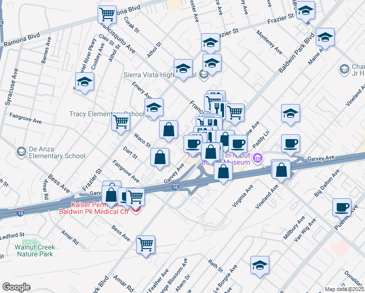 map of restaurants, bars, coffee shops, grocery stores, and more near 13502 Tracy Street in Baldwin Park