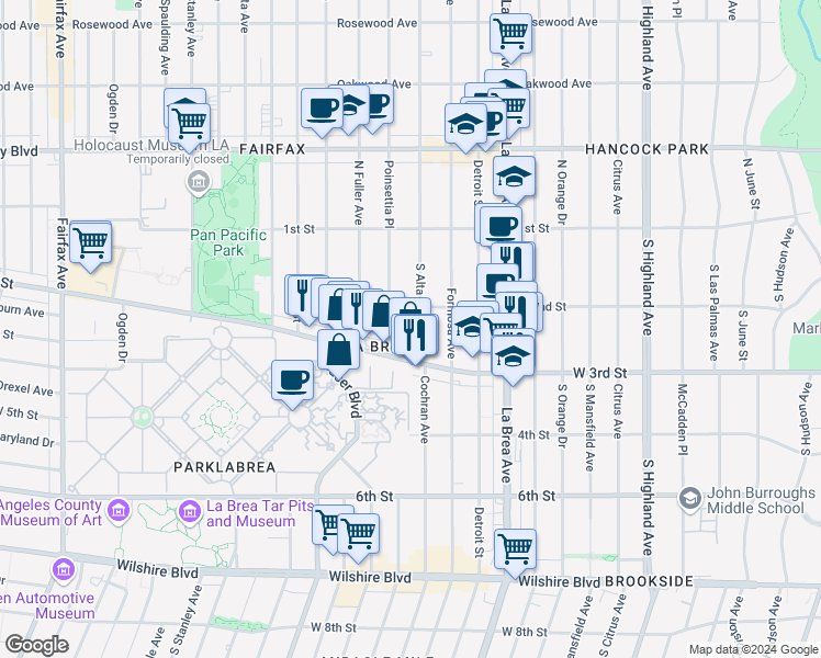 map of restaurants, bars, coffee shops, grocery stores, and more near 223 South Alta Vista Boulevard in Los Angeles