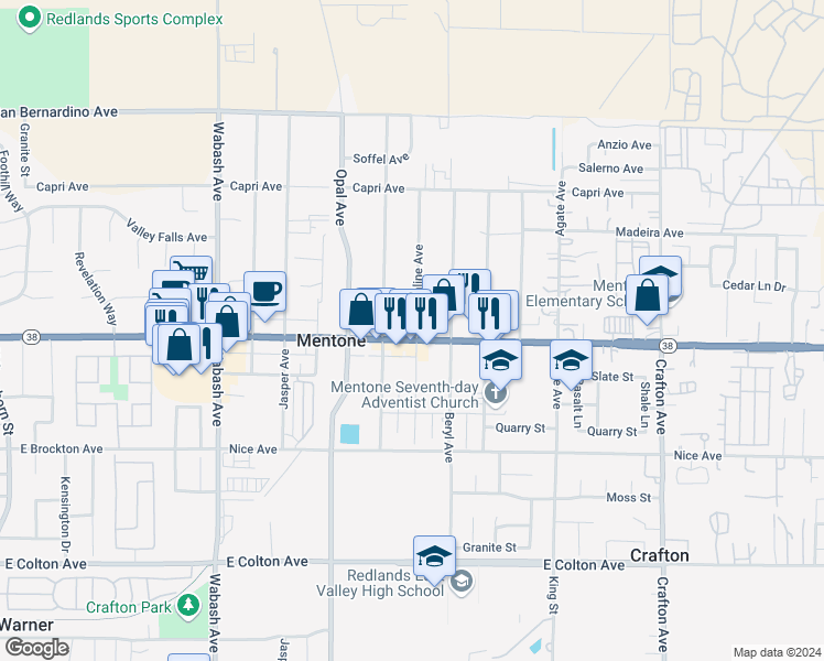 map of restaurants, bars, coffee shops, grocery stores, and more near Tourmaline Avenue in Mentone