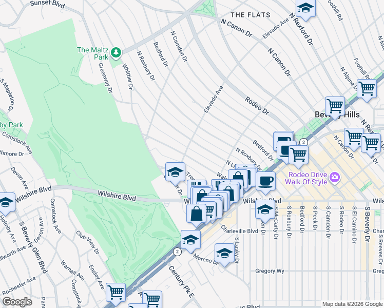 map of restaurants, bars, coffee shops, grocery stores, and more near 620 Walden Drive in Beverly Hills