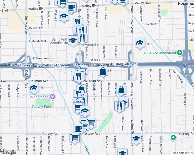 map of restaurants, bars, coffee shops, grocery stores, and more near 3436 Charlotte Avenue in Rosemead
