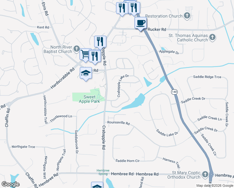 map of restaurants, bars, coffee shops, grocery stores, and more near 11080 Crabapple Lake Drive in Roswell