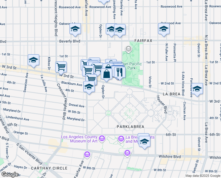map of restaurants, bars, coffee shops, grocery stores, and more near 189 The Grove Drive in Los Angeles