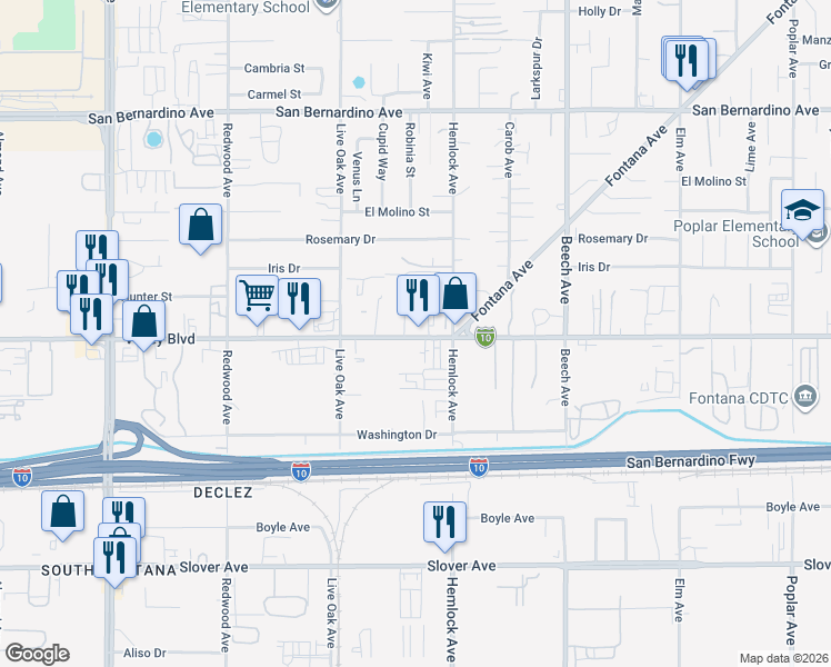map of restaurants, bars, coffee shops, grocery stores, and more near in Fontana