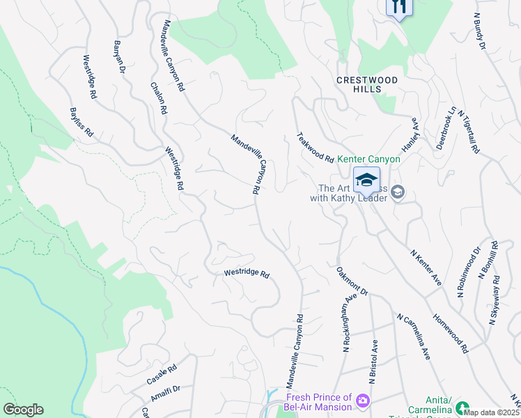 map of restaurants, bars, coffee shops, grocery stores, and more near 1940 Mandeville Canyon Road in Los Angeles