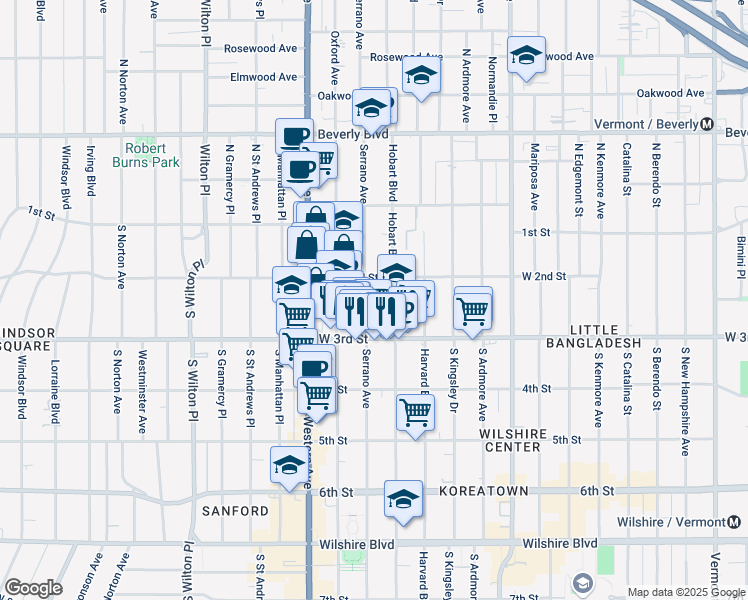 map of restaurants, bars, coffee shops, grocery stores, and more near 226 South Serrano Avenue in Los Angeles