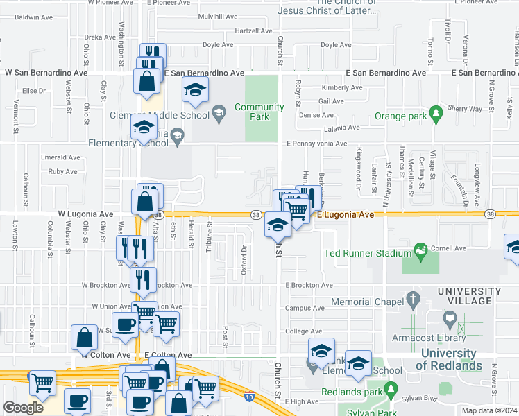 map of restaurants, bars, coffee shops, grocery stores, and more near 615 East Lugonia Avenue in Redlands