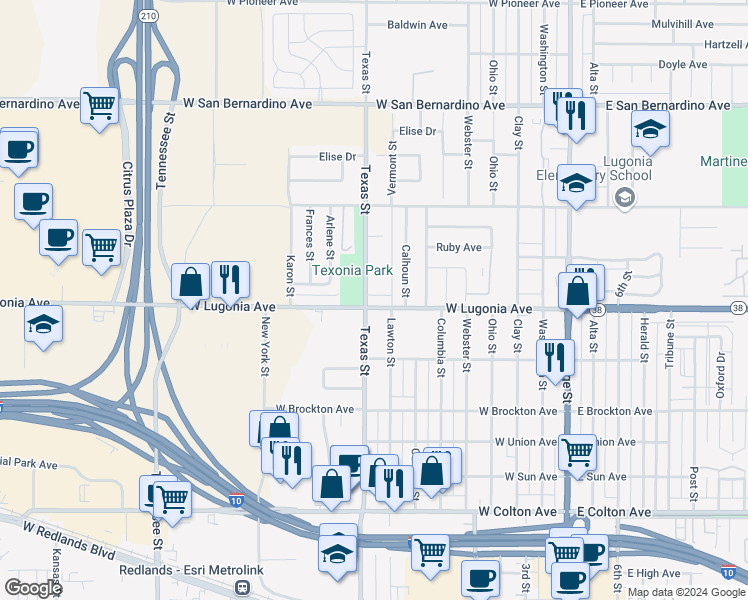 map of restaurants, bars, coffee shops, grocery stores, and more near 716 West Lugonia Avenue in Redlands