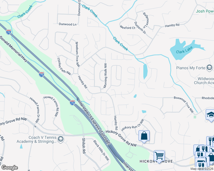 map of restaurants, bars, coffee shops, grocery stores, and more near 1992 Morning Walk Northwest in Acworth