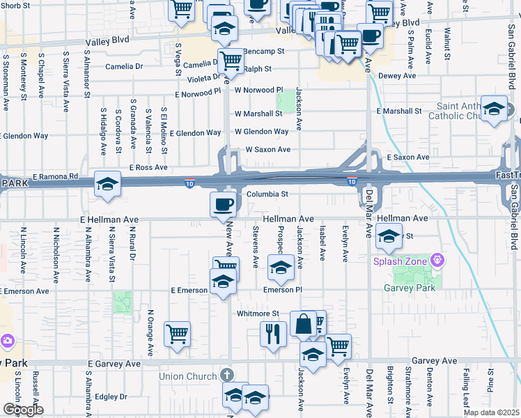 map of restaurants, bars, coffee shops, grocery stores, and more near 7534 Columbia Street in Rosemead