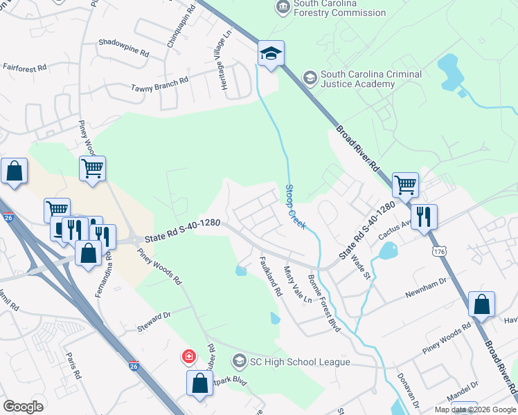 map of restaurants, bars, coffee shops, grocery stores, and more near 1026 Glencroft Drive in Columbia
