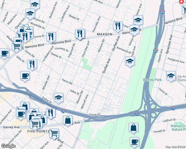 map of restaurants, bars, coffee shops, grocery stores, and more near 3812 Maxson Road in El Monte
