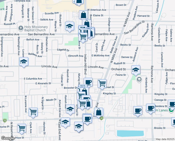 map of restaurants, bars, coffee shops, grocery stores, and more near 1142 Indian Hill Boulevard in Pomona