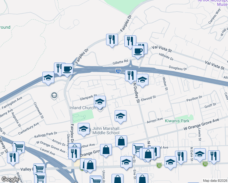 map of restaurants, bars, coffee shops, grocery stores, and more near 1632 Byron Court in Pomona