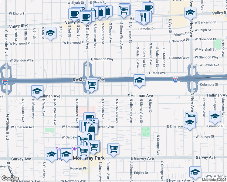 map of restaurants, bars, coffee shops, grocery stores, and more near 308 East Ramona Road in Alhambra