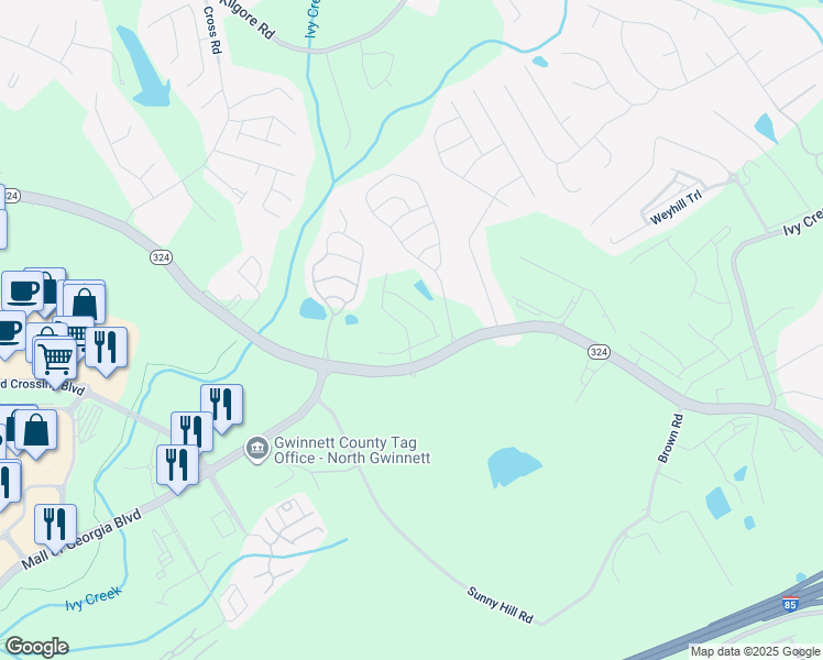 map of restaurants, bars, coffee shops, grocery stores, and more near 3031 Greyton Drive in Buford