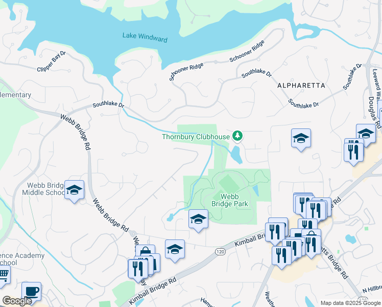 map of restaurants, bars, coffee shops, grocery stores, and more near 6640 Maid Marion Close in Alpharetta