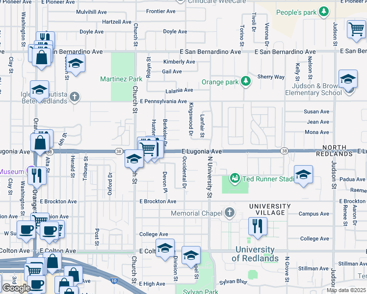 map of restaurants, bars, coffee shops, grocery stores, and more near 919 East Lugonia Avenue in Redlands
