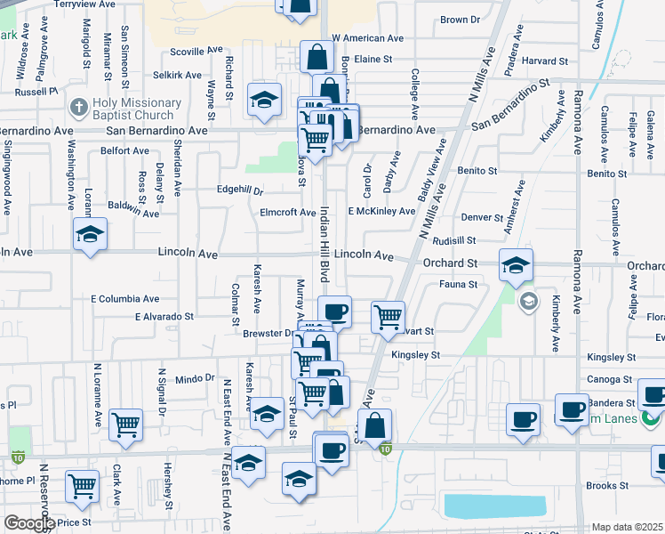 map of restaurants, bars, coffee shops, grocery stores, and more near 1142 Indian Hill Boulevard in Pomona