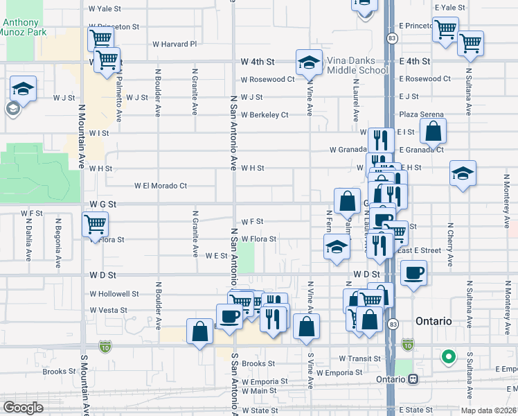 map of restaurants, bars, coffee shops, grocery stores, and more near 625 West G Street in Ontario