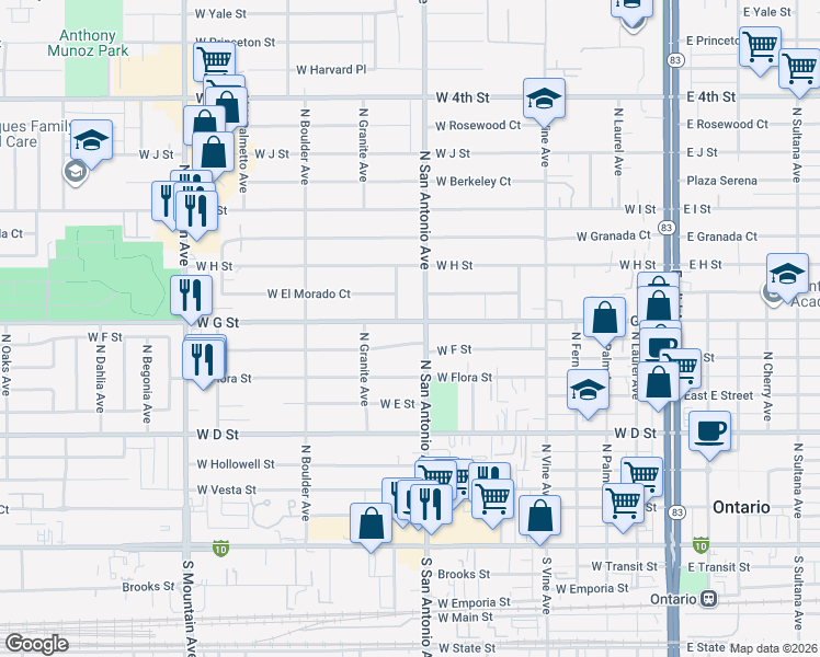 map of restaurants, bars, coffee shops, grocery stores, and more near 708 North Cypress Avenue in Ontario