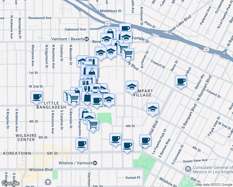 map of restaurants, bars, coffee shops, grocery stores, and more near Westmoreland Avenue in Los Angeles