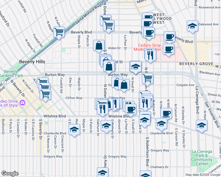 map of restaurants, bars, coffee shops, grocery stores, and more near 245 North Wetherly Drive in Beverly Hills