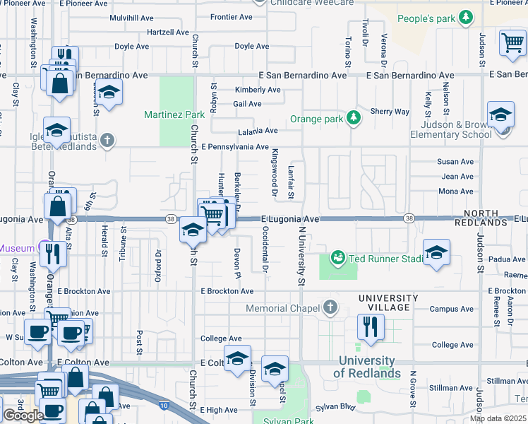 map of restaurants, bars, coffee shops, grocery stores, and more near 919 East Lugonia Avenue in Redlands
