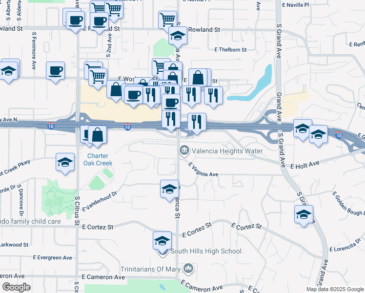 map of restaurants, bars, coffee shops, grocery stores, and more near 130 South Barranca Avenue in West Covina