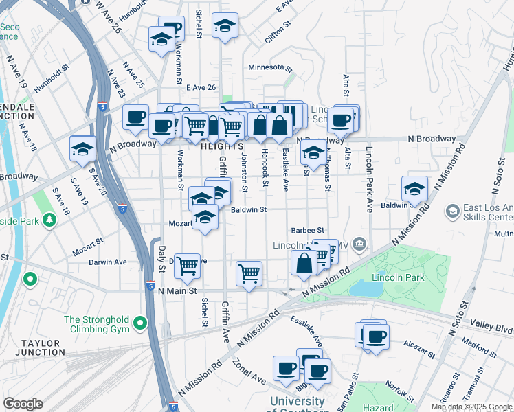 map of restaurants, bars, coffee shops, grocery stores, and more near 3019 Baldwin Street in Los Angeles