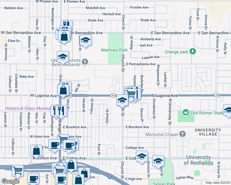map of restaurants, bars, coffee shops, grocery stores, and more near 623 Church Place in Redlands