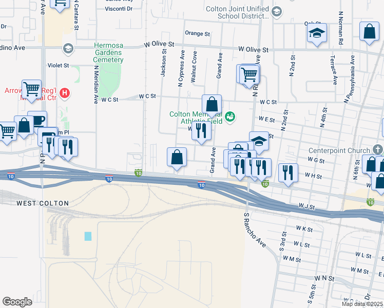 map of restaurants, bars, coffee shops, grocery stores, and more near 1064 West G Street in Colton