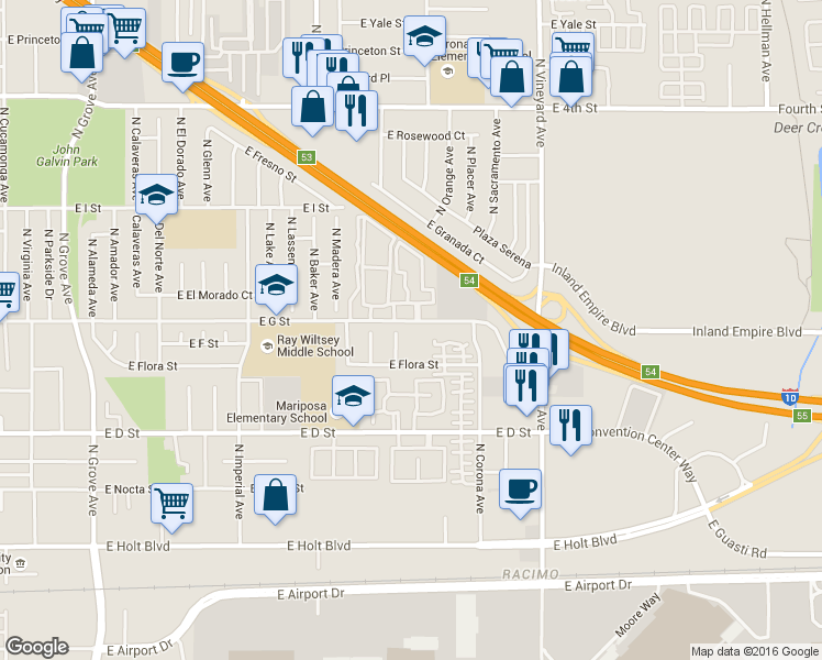 map of restaurants, bars, coffee shops, grocery stores, and more near 1737 East G Street in Ontario