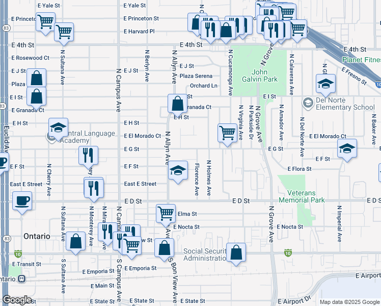map of restaurants, bars, coffee shops, grocery stores, and more near 708 North Greenwood Avenue in Ontario