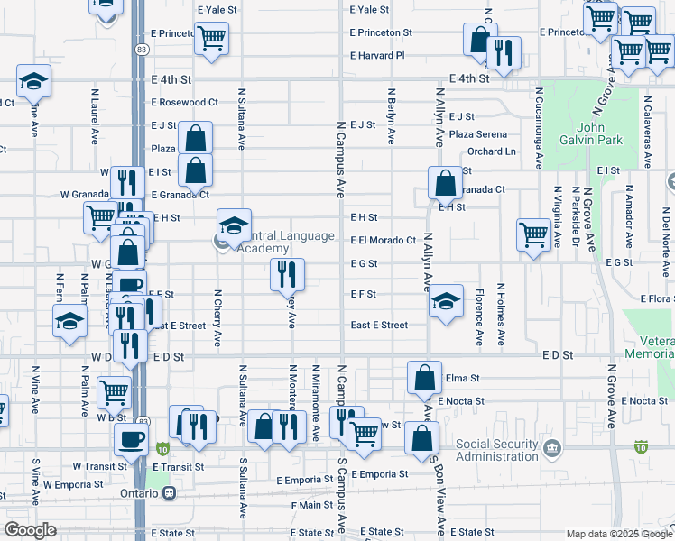 map of restaurants, bars, coffee shops, grocery stores, and more near 649 East G Street in Ontario