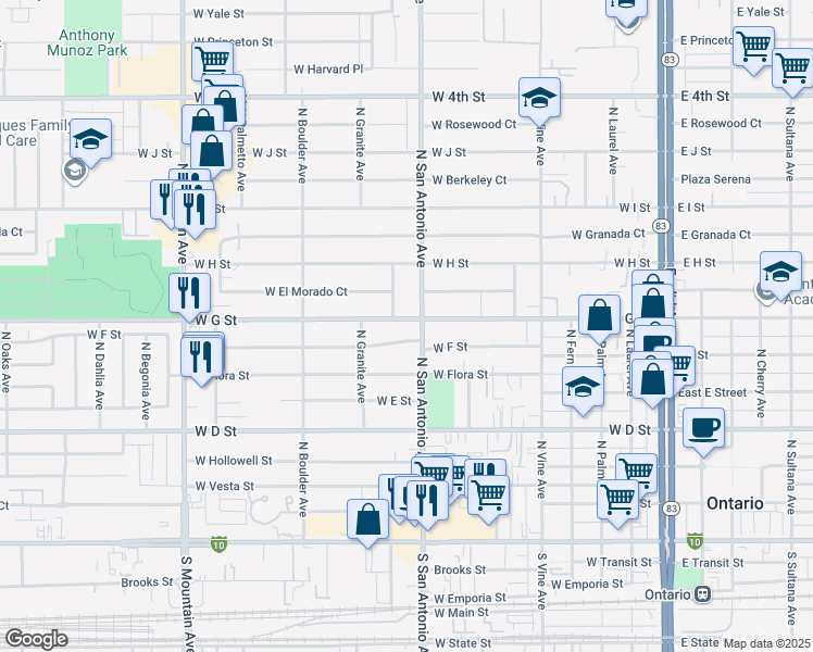map of restaurants, bars, coffee shops, grocery stores, and more near 708 North Cypress Avenue in Ontario