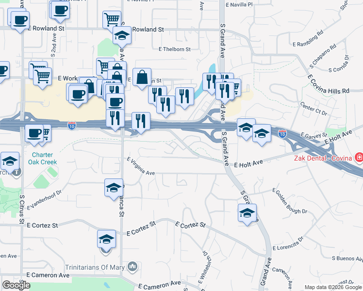 map of restaurants, bars, coffee shops, grocery stores, and more near 3205 East Drycreek Road in West Covina