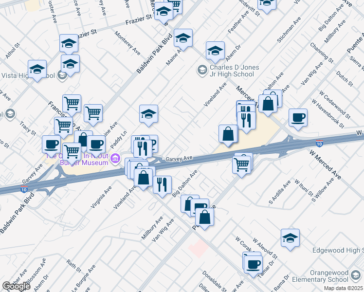map of restaurants, bars, coffee shops, grocery stores, and more near 3118 Vineland Avenue in Baldwin Park