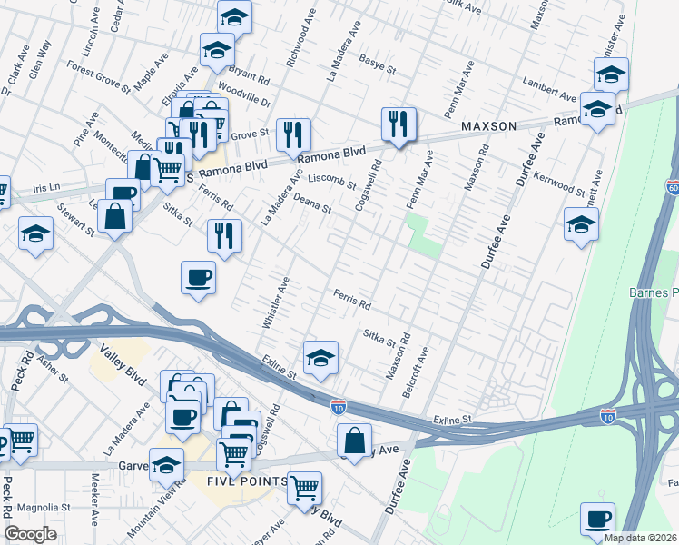 map of restaurants, bars, coffee shops, grocery stores, and more near 3635 Cogswell Road in El Monte