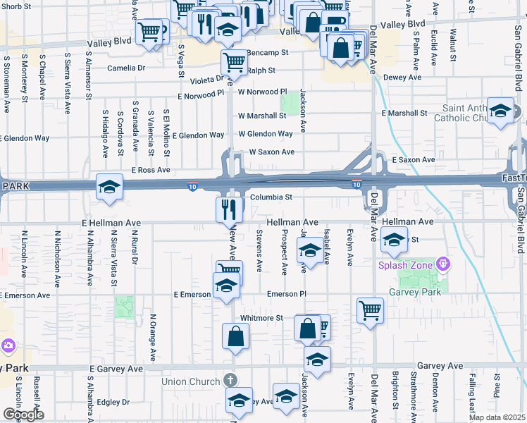 map of restaurants, bars, coffee shops, grocery stores, and more near 7434 Columbia Street in Rosemead