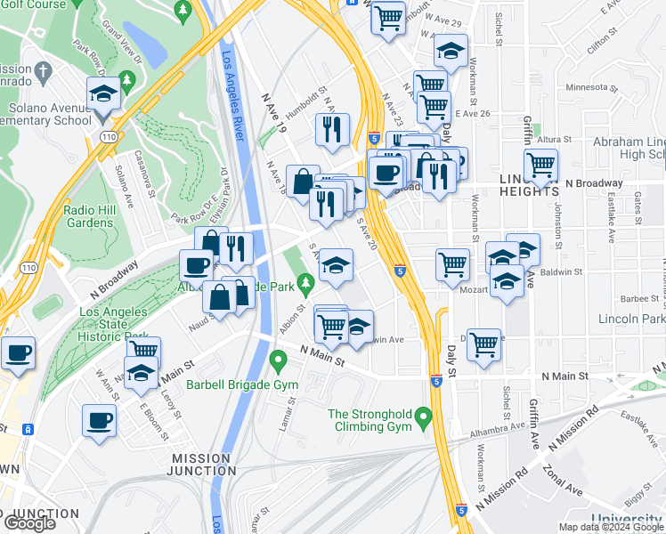 map of restaurants, bars, coffee shops, grocery stores, and more near 231 South Avenue 19 in Los Angeles
