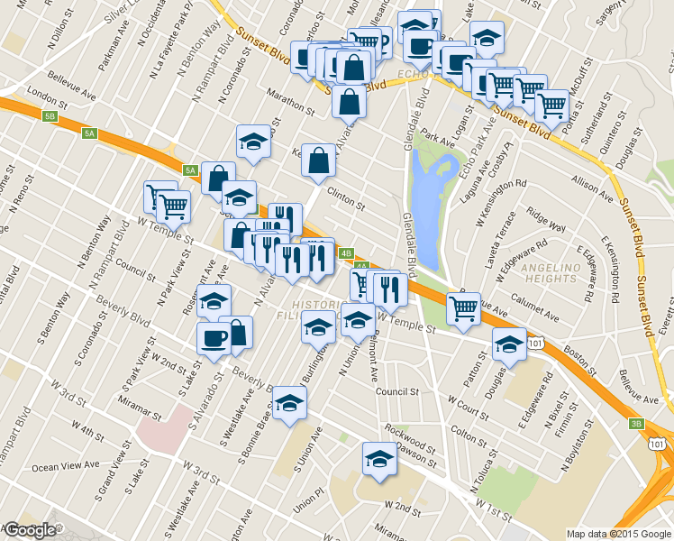 map of restaurants, bars, coffee shops, grocery stores, and more near 518 North Bonnie Brae Street in Los Angeles