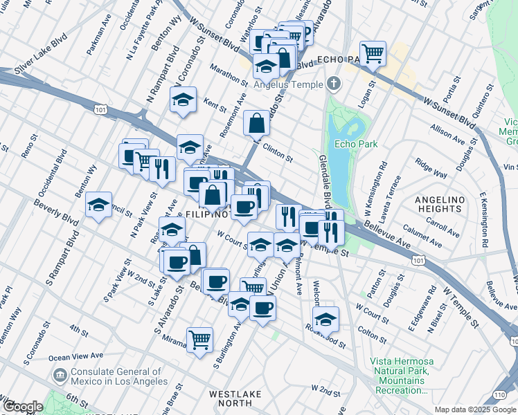 map of restaurants, bars, coffee shops, grocery stores, and more near 445 North Westlake Avenue in Los Angeles