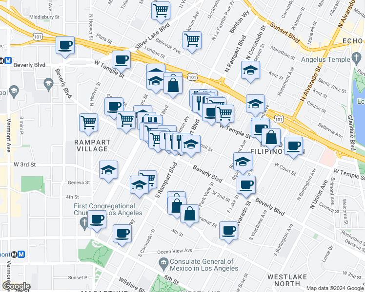 map of restaurants, bars, coffee shops, grocery stores, and more near 152 North Benton Way in Los Angeles