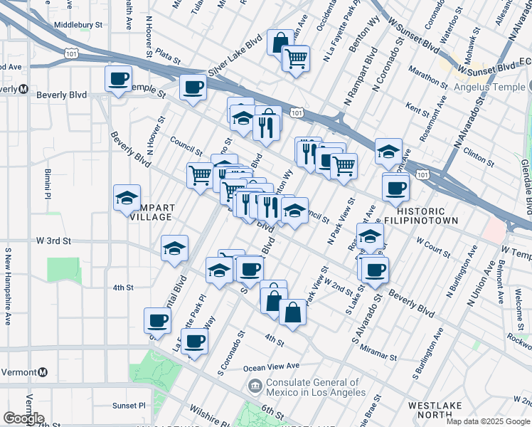map of restaurants, bars, coffee shops, grocery stores, and more near in Los Angeles
