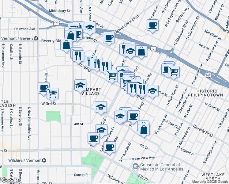 map of restaurants, bars, coffee shops, grocery stores, and more near 2918 Beverly Boulevard in Los Angeles