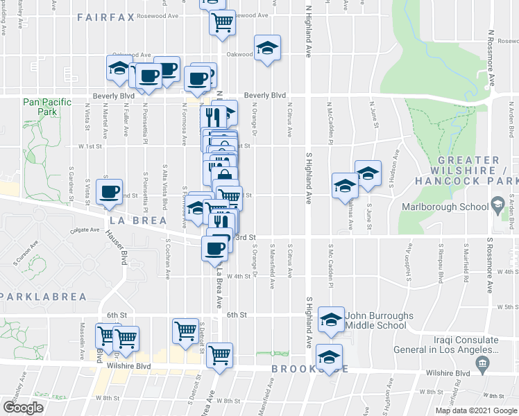 map of restaurants, bars, coffee shops, grocery stores, and more near 203 South Mansfield Avenue in Los Angeles