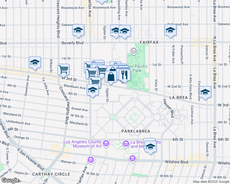 map of restaurants, bars, coffee shops, grocery stores, and more near 189 The Grove Drive in Los Angeles