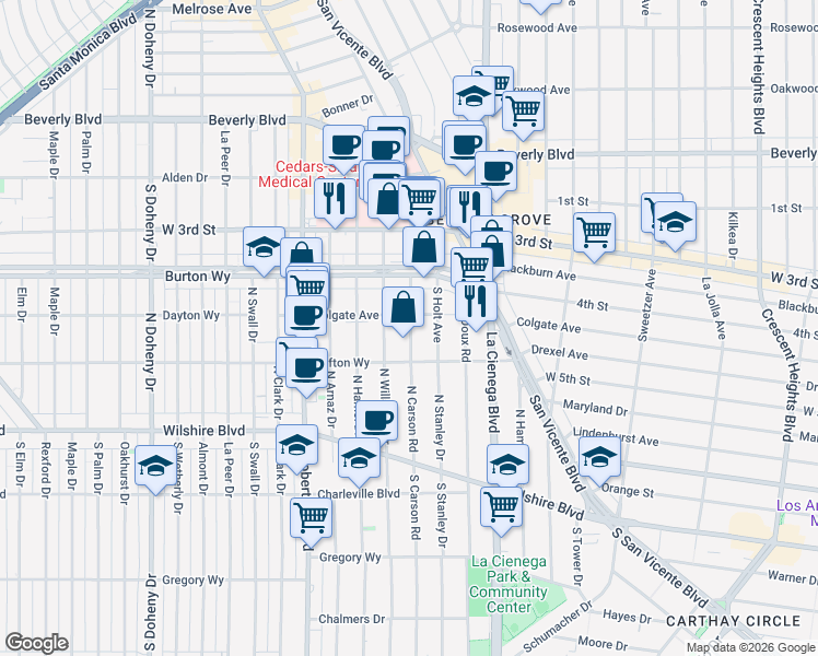 map of restaurants, bars, coffee shops, grocery stores, and more near 8603 Colgate Avenue in Los Angeles