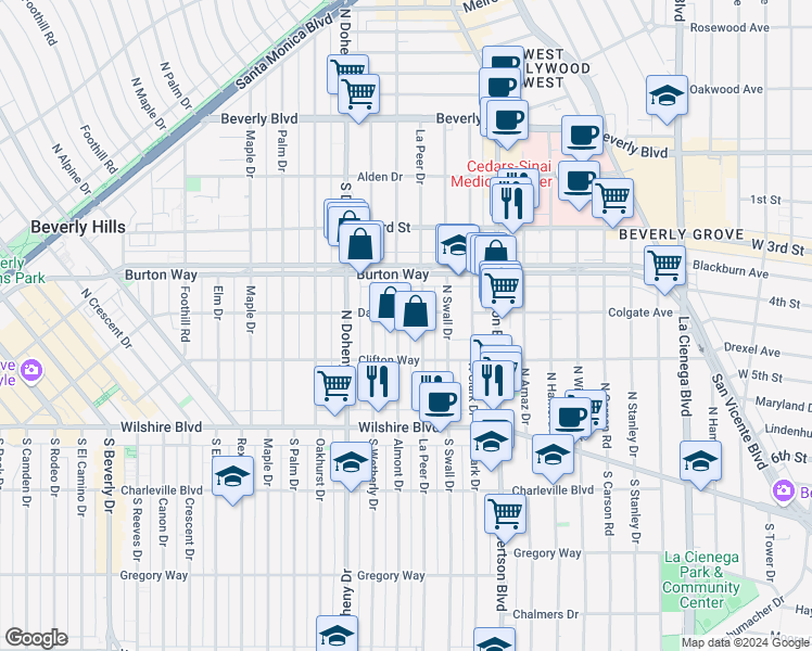 map of restaurants, bars, coffee shops, grocery stores, and more near 302 North Almont Drive in Beverly Hills